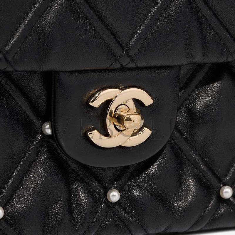 CHANEL BLACK LAMBSKIN QUILTED PEARL STUDDED FLAP BAG WITH GHW (24*16*7.5cm)
